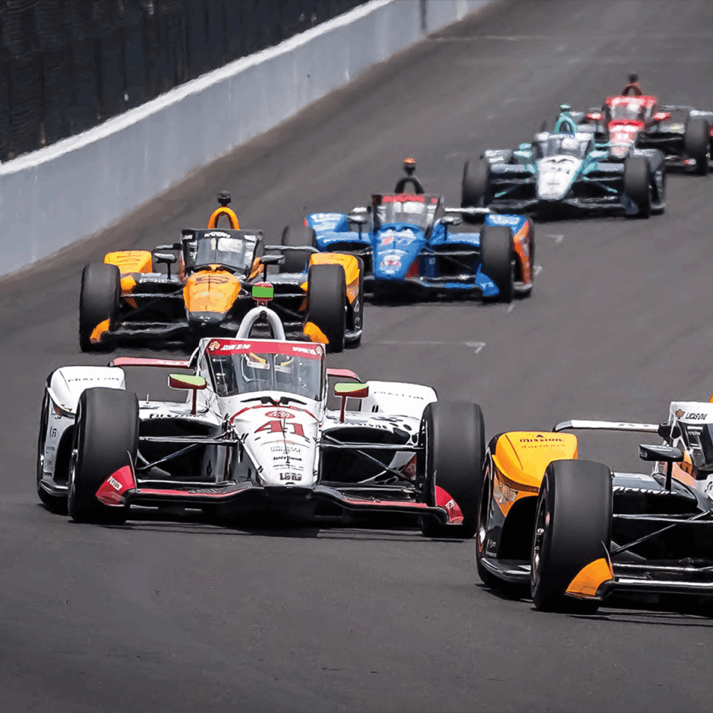 IndyCar race in progress with a tight pack of cars speeding around the track
