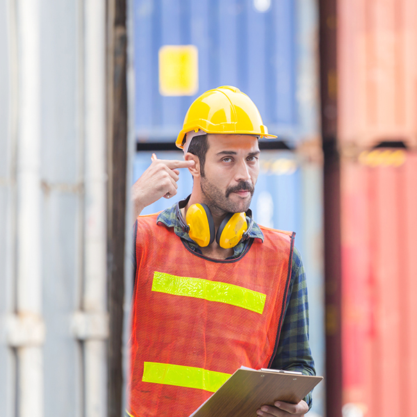 Dockworker wearing a hard hat and safety vest gestures toward his ear, highlighting hearing protection awareness in a noisy port environment.